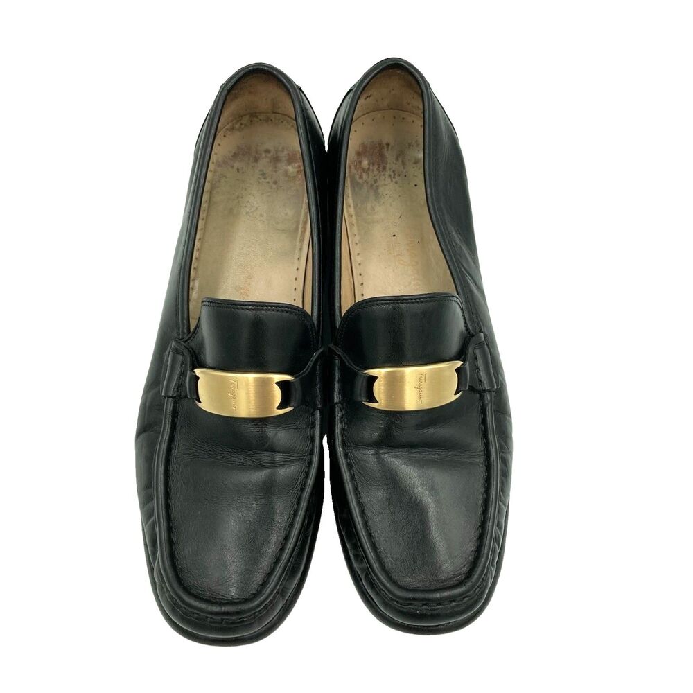 Salvatore Ferragamo Buckle Leather Loafers Womens Shoes 10 B Gold Logo Embossed
